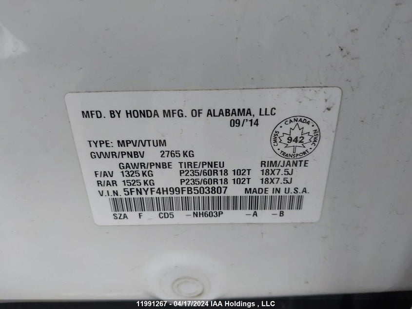 2015 Honda Pilot VIN: 5FNYF4H99FB503807 Lot: 11991267