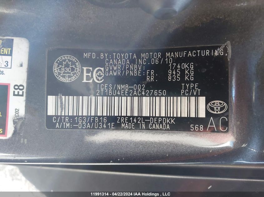 2010 Toyota Corolla Le VIN: 2T1BU4EE2AC427650 Lot: 11991314