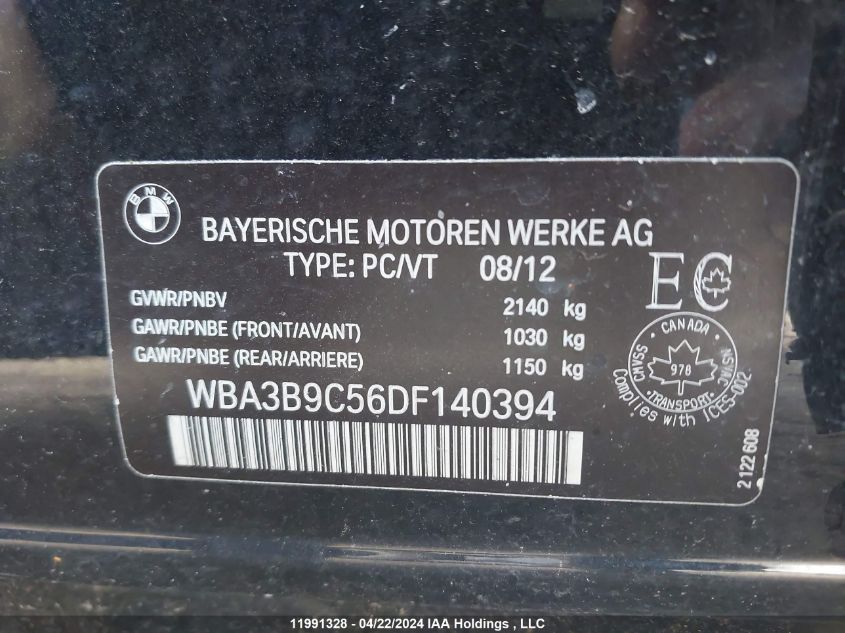 2013 BMW 335 Xi VIN: WBA3B9C56DF140394 Lot: 11991328