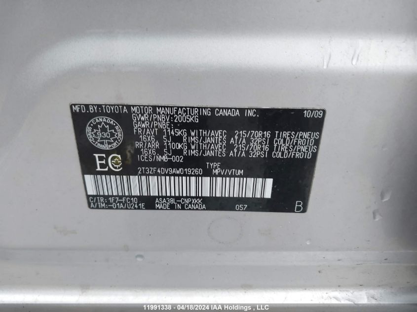 2010 Toyota Rav4 VIN: 2T3ZF4DV9AW019260 Lot: 11991338