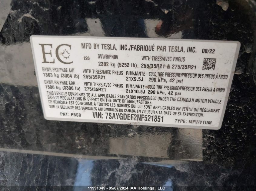 2022 Tesla Model Y VIN: 7SAYGDEF2NF521851 Lot: 11991345