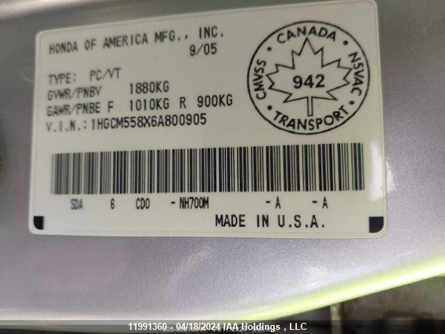 2006 Honda Accord Ex VIN: 1HGCM558X6A800905 Lot: 11991360