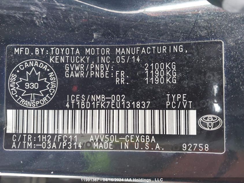 2014 Toyota Camry Hybrid/Le/Xle VIN: 4T1BD1FK7EU131837 Lot: 11991367