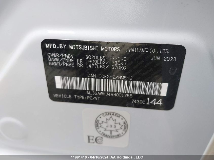 2024 Mitsubishi Mirage VIN: ML32AWHJ4RH001255 Lot: 11991410