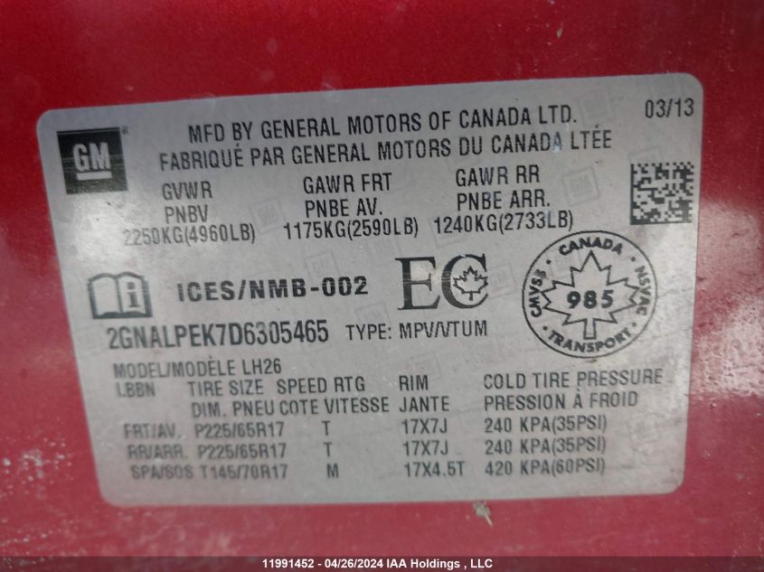 2013 Chevrolet Equinox VIN: 2GNALPEK7D6305465 Lot: 11991452