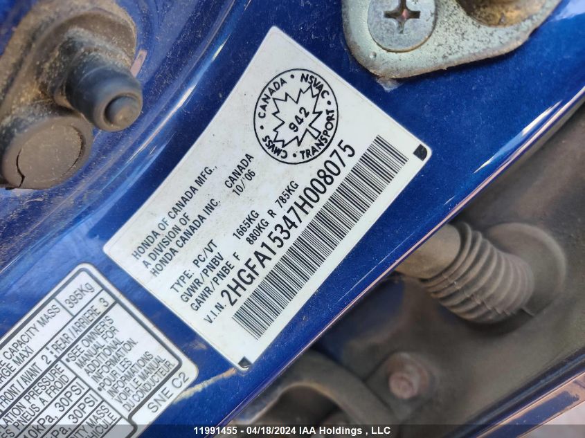 2007 Honda Civic Dx VIN: 2HGFA15347H008075 Lot: 11991455