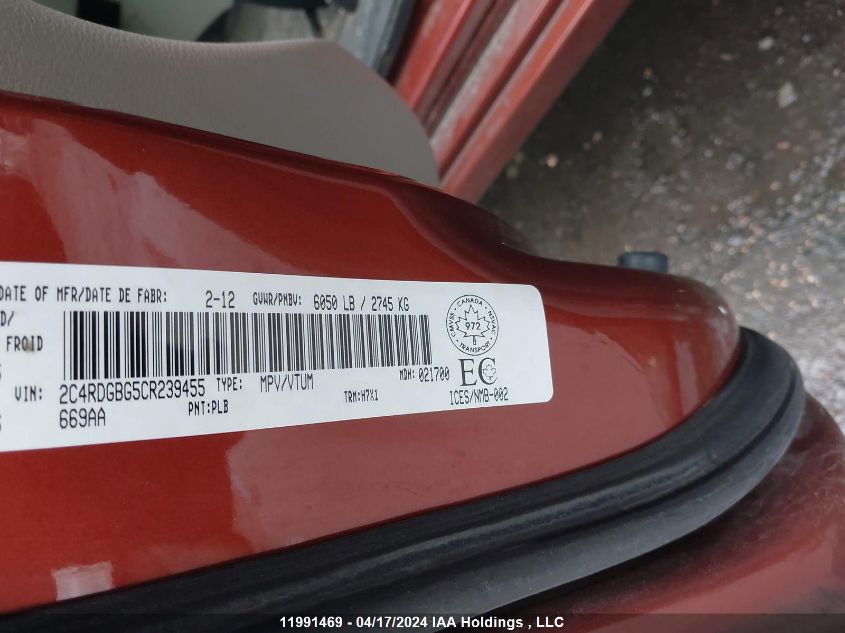 2012 Dodge Grand Caravan VIN: 2C4RDGBG5CR239455 Lot: 11991469