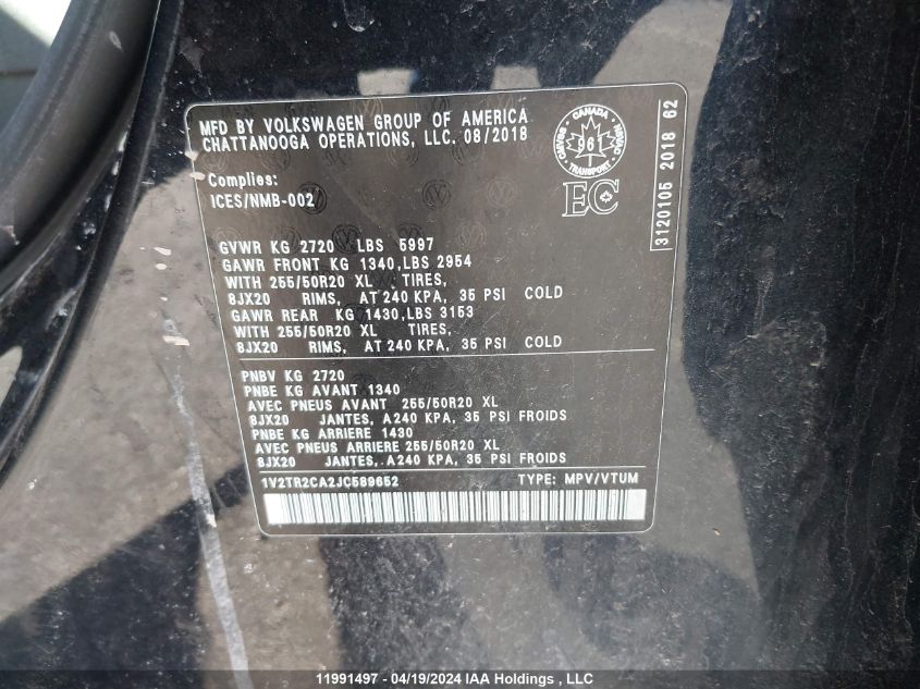 2018 Volkswagen Atlas VIN: 1V2TR2CA2JC589652 Lot: 11991497