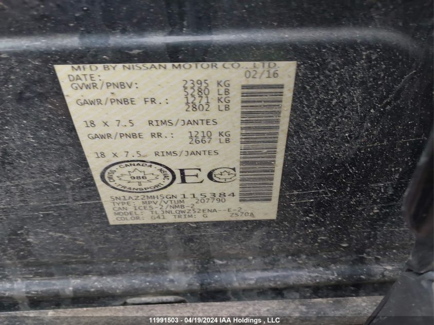 2016 Nissan Murano VIN: 5N1AZ2MH5GN115384 Lot: 11991503