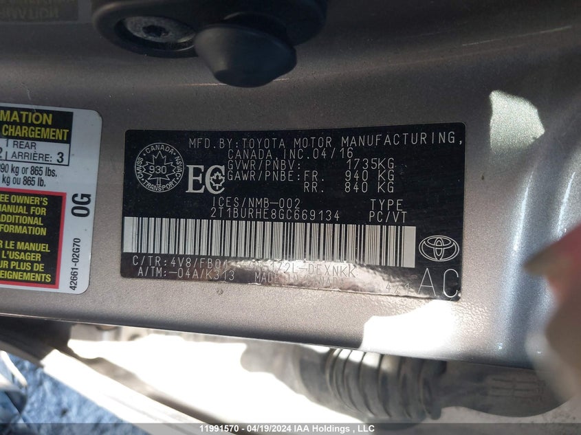 2016 Toyota Corolla Ce/Le/S VIN: 2T1BURHE8GC669134 Lot: 11991570