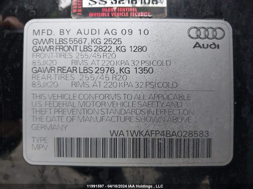 2011 Audi Q5 Prestige VIN: WA1WKAFP4BA028583 Lot: 11991597