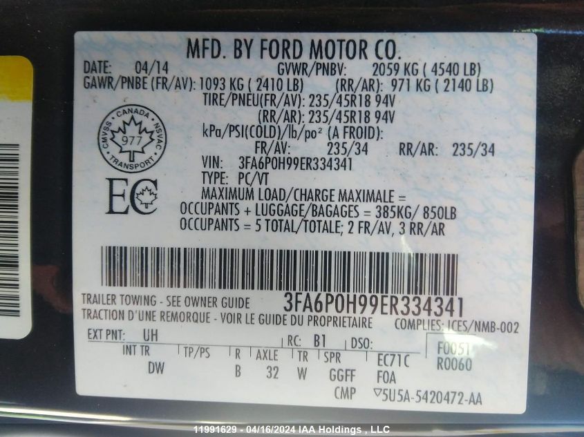 2014 Ford Fusion Se VIN: 3FA6P0H99ER334341 Lot: 11991629