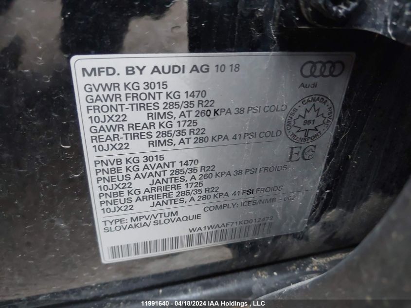 2019 Audi Q7 VIN: WA1WAAF71KD012472 Lot: 11991640