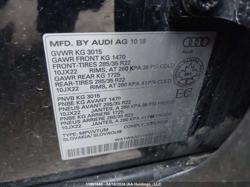 WA1WAAF71KD012472 2019 Audi Q7