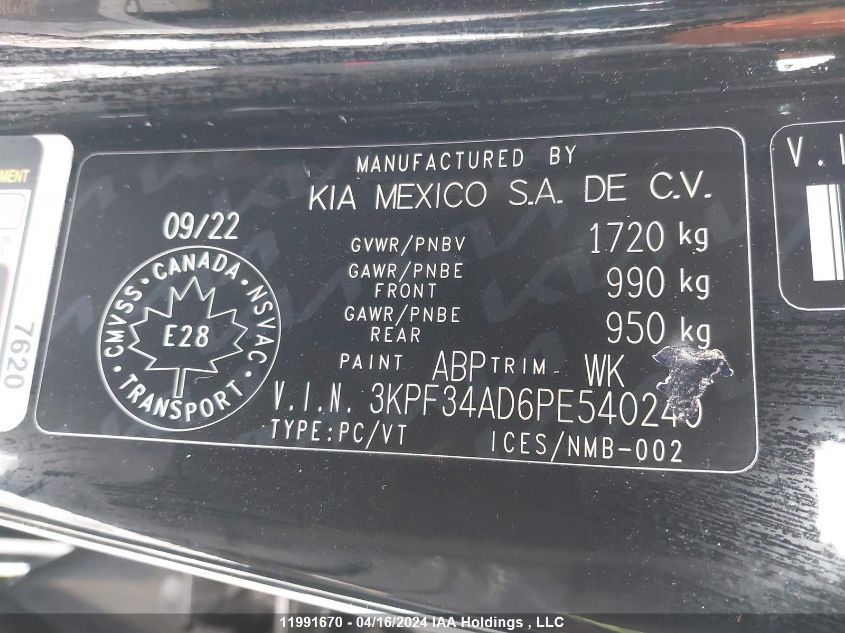 2023 Kia Forte VIN: 3KPF34AD6PE540240 Lot: 11991670