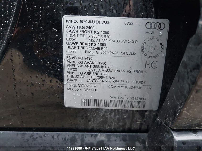 2023 Audi Q5 VIN: WA1EAAFY8P2127643 Lot: 11991688