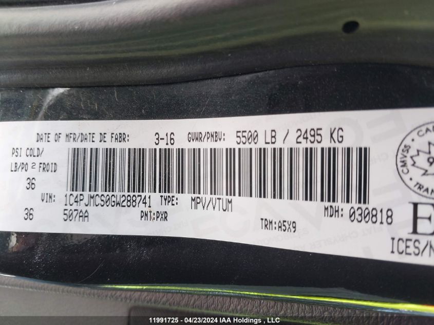 2016 Jeep Cherokee North VIN: 1C4PJMCS0GW288741 Lot: 11991725