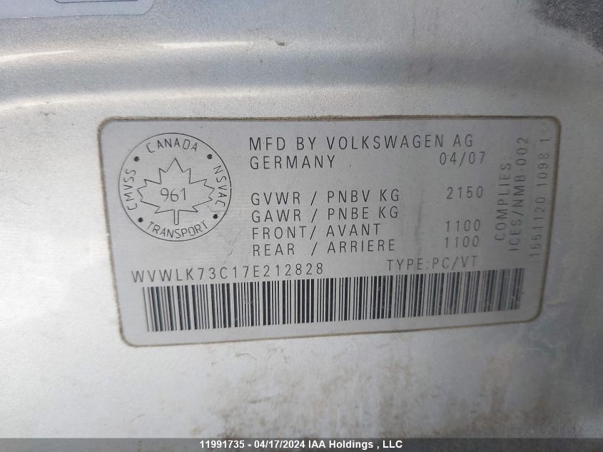 2007 Volkswagen Passat 2.0T Wagon Value VIN: WVWLK73C17E212828 Lot: 11991735