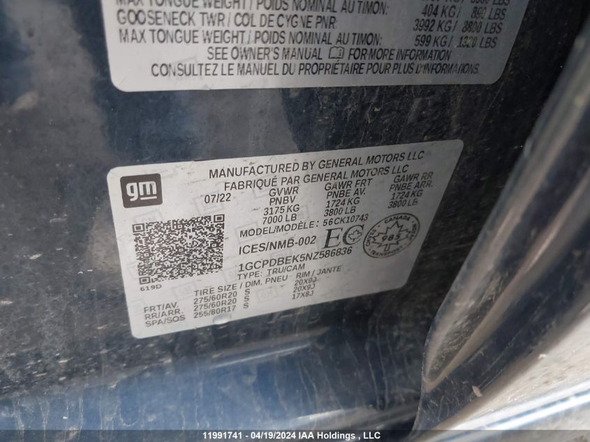 2022 Chevrolet Silverado 1500 VIN: 1GCPDBEK5NZ586836 Lot: 11991741