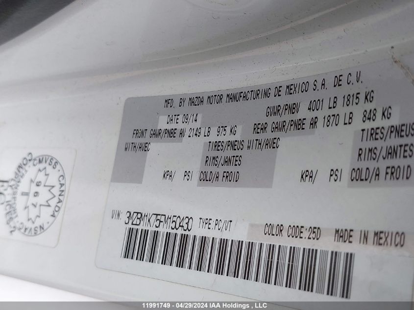 2015 Mazda Mazda3 VIN: 3MZBM1K75FM150430 Lot: 11991749