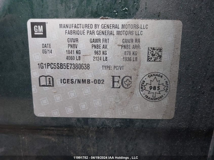 2014 Chevrolet Cruze Lt VIN: 1G1PC5SB5E7380638 Lot: 11991782