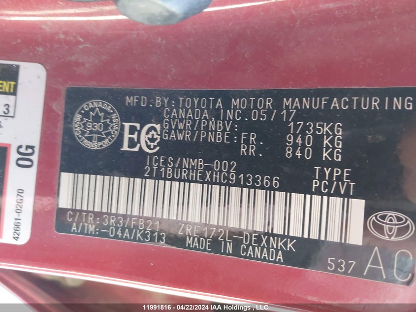 2017 Toyota Corolla L/Le/Xle/Se/Xse VIN: 2T1BURHEXHC913366 Lot: 11991816