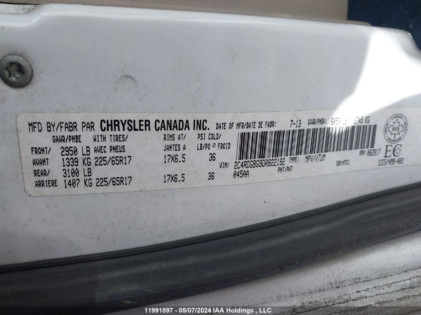 2013 Dodge Grand Caravan Se/Sxt VIN: 2C4RDGBG9DR822192 Lot: 11991897