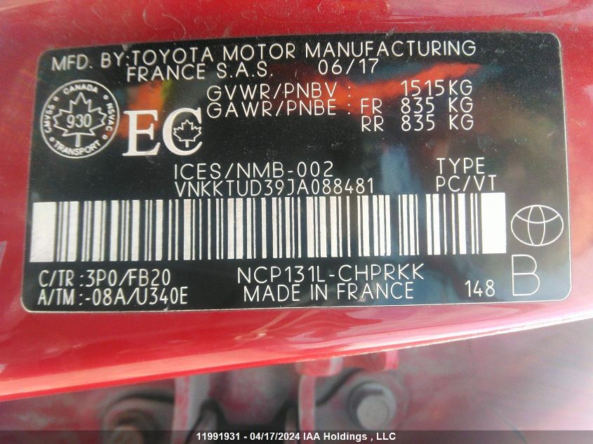 2018 Toyota Yaris L/Le/Se VIN: VNKKTUD39JA088481 Lot: 11991931