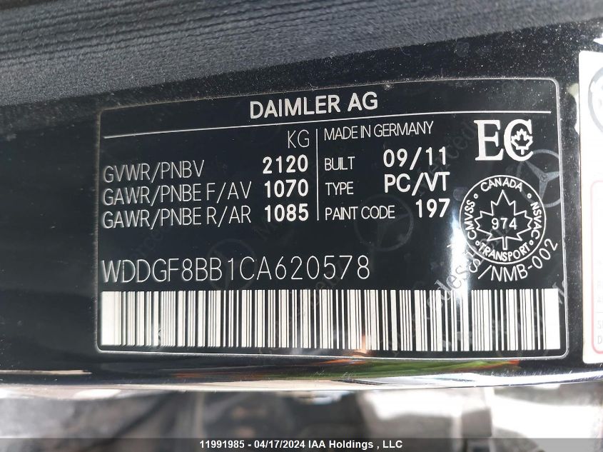 2012 Mercedes-Benz C-Class VIN: WDDGF8BB1CA620578 Lot: 39236284