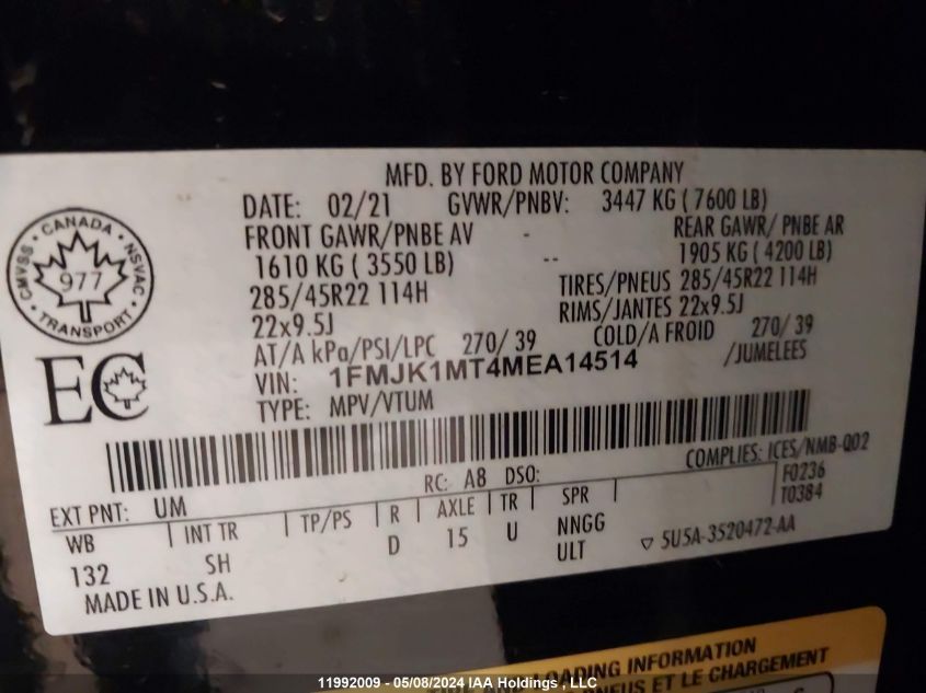 2021 Ford Expedition Max Platinum VIN: 1FMJK1MT4MEA14514 Lot: 11992009