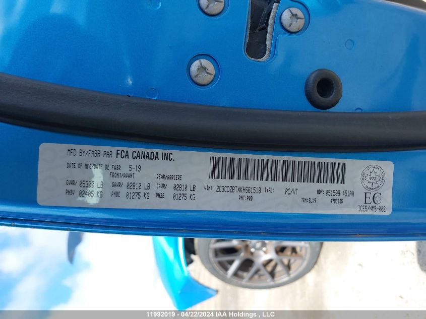 2019 Dodge Challenger R/T VIN: 2C3CDZBTXKH661518 Lot: 11992019