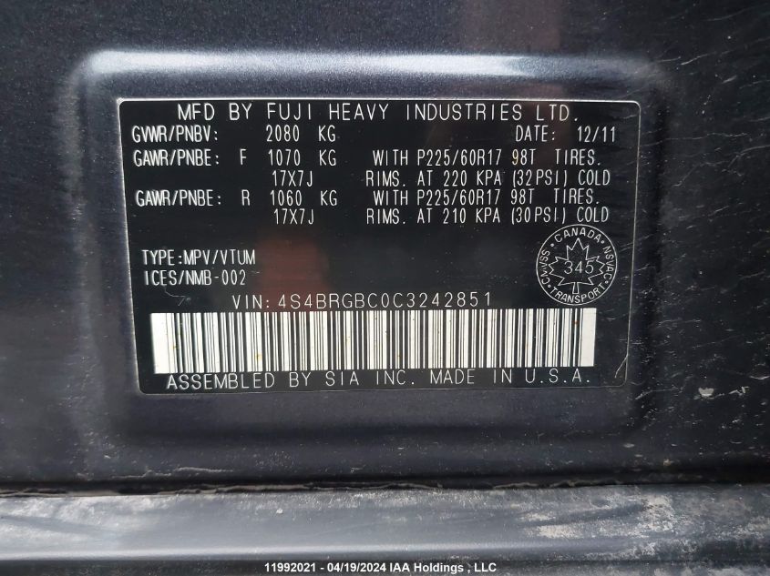 2012 Subaru Legacy Outback VIN: 4S4BRGBC0C3242851 Lot: 11992021