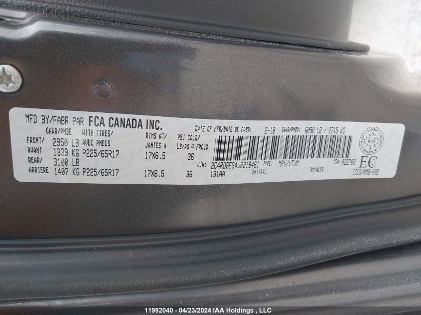 2018 Dodge Grand Caravan Gt VIN: 2C4RDGEG4JR218461 Lot: 11992040