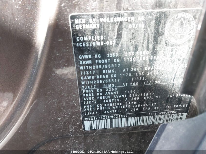 2015 Volkswagen Tiguan VIN: WVGJV7AX6FW021057 Lot: 11992053