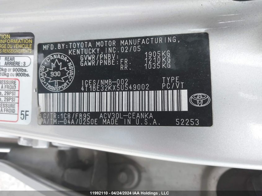 2005 Toyota Camry VIN: 4T1BE32KX5U549002 Lot: 11992110