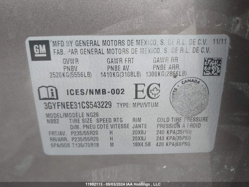 2012 Cadillac Srx VIN: 3GYFNEE31CS543229 Lot: 11992113