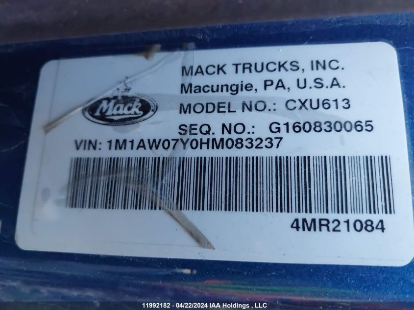 2017 Mack 600 Cxu613 VIN: 1M1AW07Y0HM083237 Lot: 39221913