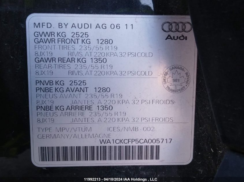 2012 Audi Q5 Premium VIN: WA1CKCFP5CA005717 Lot: 11992213