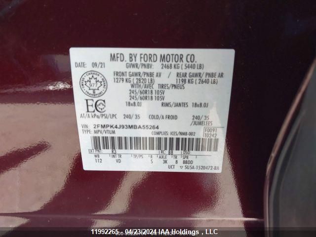 2021 Ford Edge Sel VIN: 2FMPK4J93MBA55264 Lot: 11992265