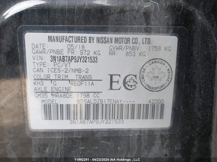 2018 Nissan Sentra S/Sv/Sr/Sl VIN: 3N1AB7AP9JY321533 Lot: 11992291
