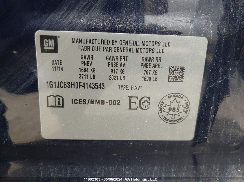 2015 Chevrolet Sonic VIN: 1G1JC6SH0F4143543 Lot: 11992303