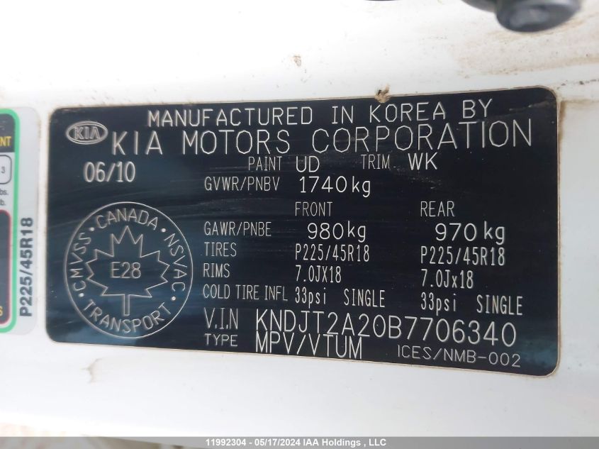 2011 Kia Soul +/!/Sport VIN: KNDJT2A20B7706340 Lot: 11992304