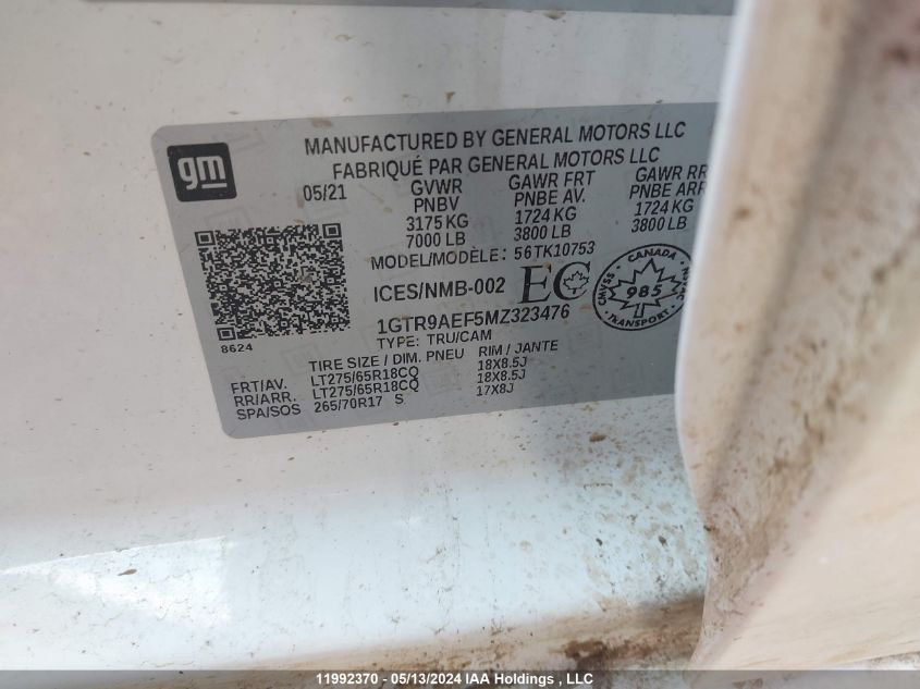 2021 GMC Sierra 1500 VIN: 1GTR9AEF5MZ323476 Lot: 11992370