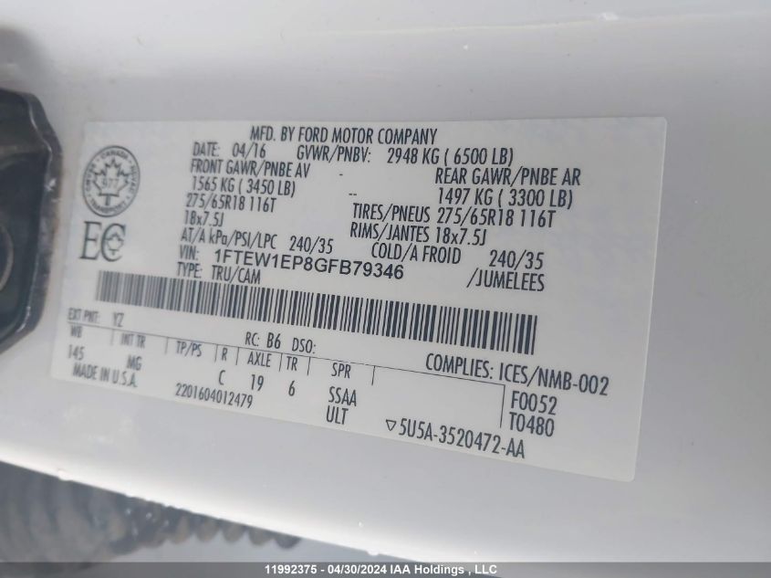 2016 Ford F150 Supercrew VIN: 1FTEW1EP8GFB79346 Lot: 11992375