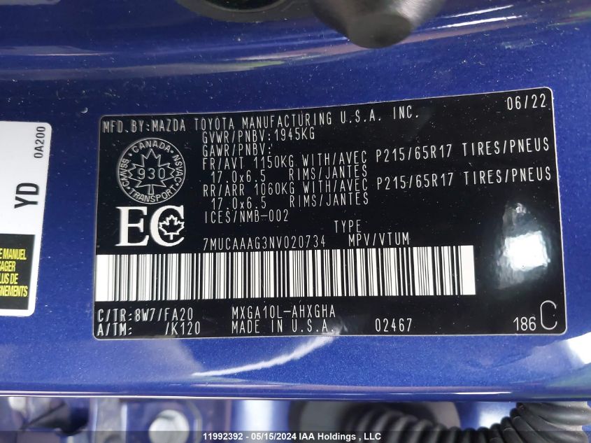 2022 Toyota Corolla Cross Le VIN: 7MUCAAAG3NV020734 Lot: 11992392