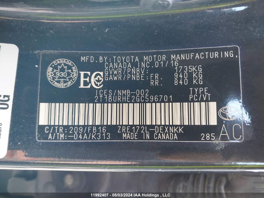 2016 Toyota Corolla Le VIN: 2T1BURHE2GC596701 Lot: 11992407