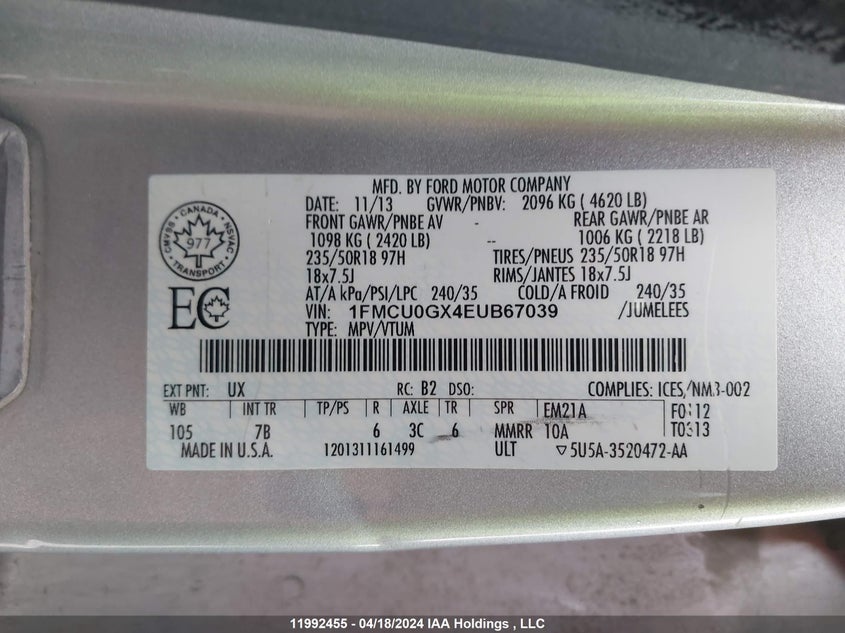 2014 Ford Escape Se VIN: 1FMCU0GX4EUB67039 Lot: 11992455