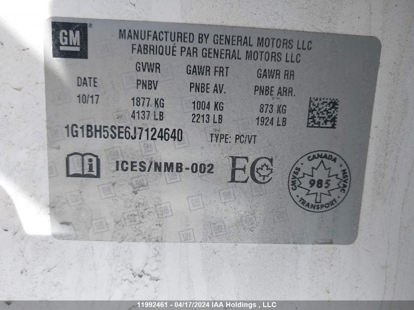 2018 Chevrolet Cruze VIN: 1G1BH5SE6J7124640 Lot: 11992461