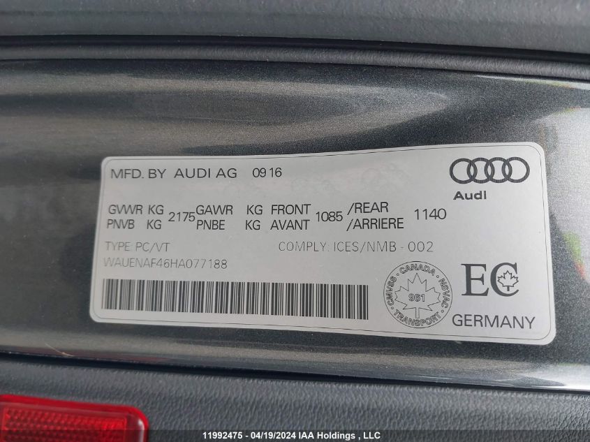 2017 Audi A4 VIN: WAUENAF46HA077188 Lot: 11992475