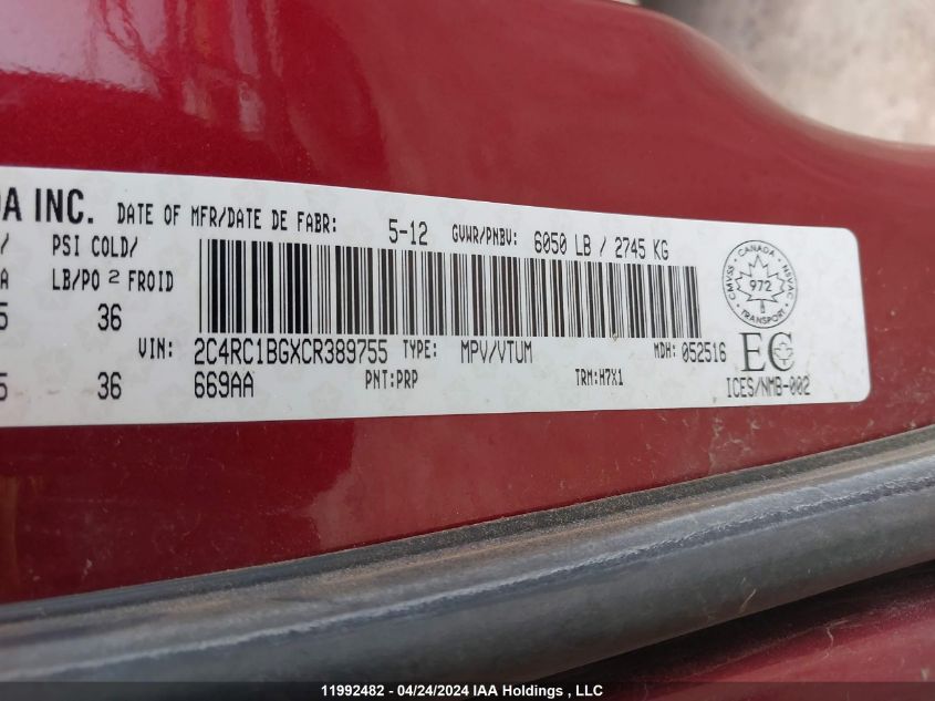 2012 Chrysler Town & Country Touring VIN: 2C4RC1BGXCR389755 Lot: 11992482